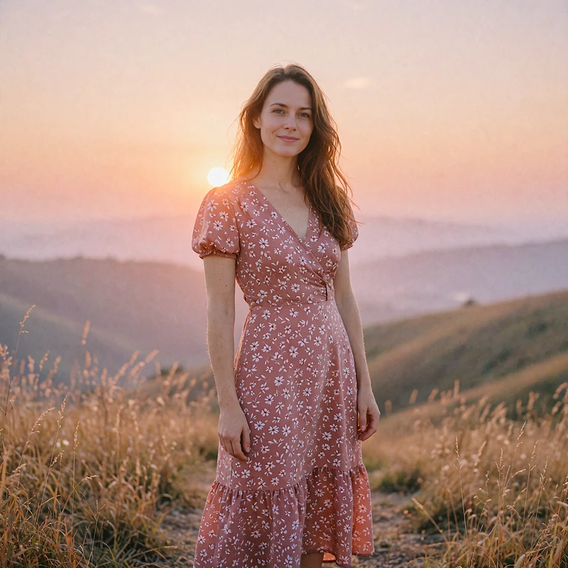 Woman in a floral dress on a grassy hilltop at sunset, single people near me profile preview