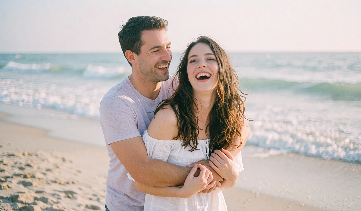 Couple laughing together on a sandy beach, a beach day date idea after a fun singles chat