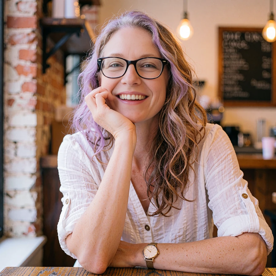 Laughing woman in glasses at a neighborhood coffee shop, singles chat profile card preview
