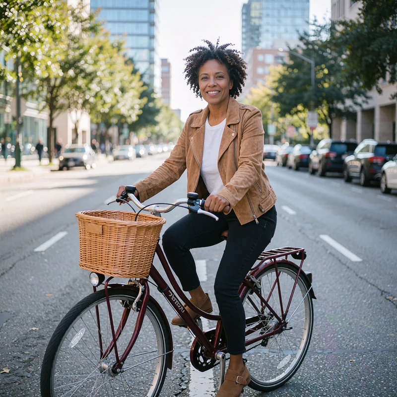 Woman riding a city bike with a basket down a tree-lined street, active singles profile card