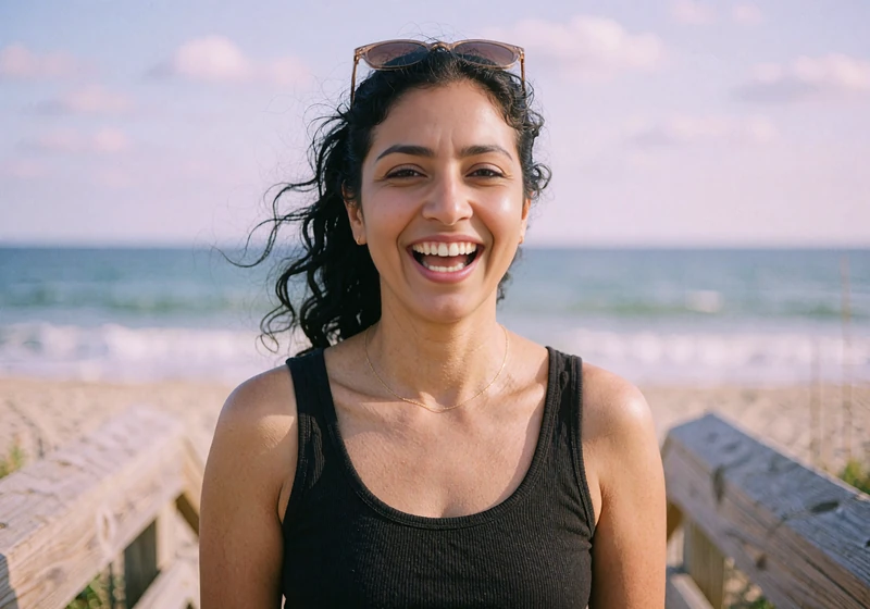 Laughing woman with sunglasses on a beach boardwalk, singles near you dating card