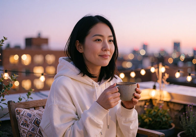 Woman holding a coffee cup on a city rooftop at dusk, local dating profile preview