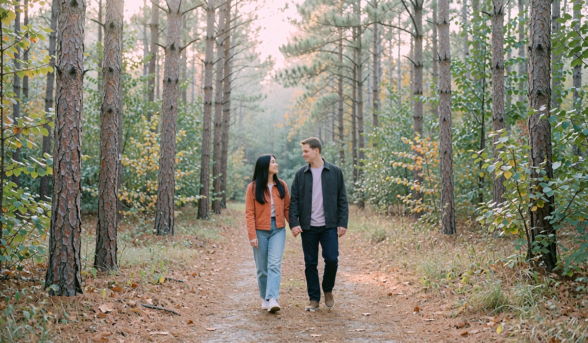 Couple walking hand in hand through a tall pine forest, a weekend date idea for new matches