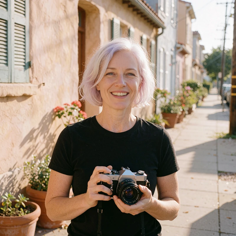 Blonde woman holding a vintage film camera on a sunny sidewalk, meet singles profile preview