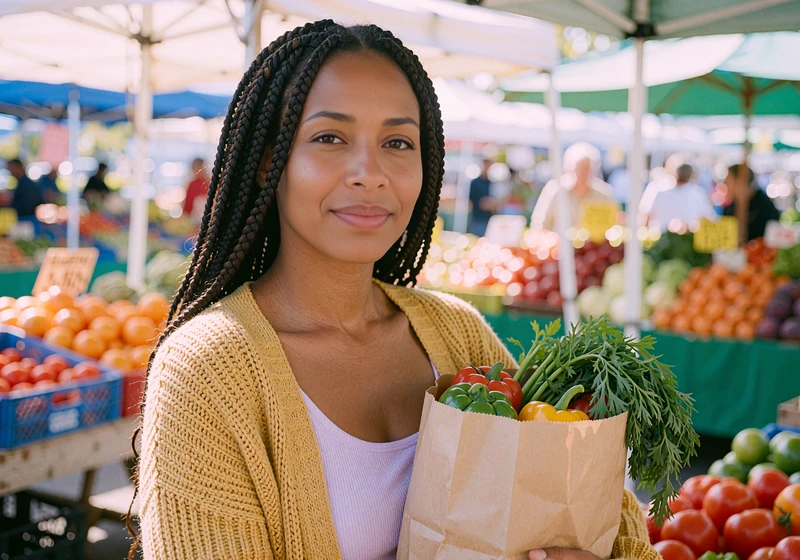 Woman with box braids holding fresh vegetables at a farmers market, local singles near you