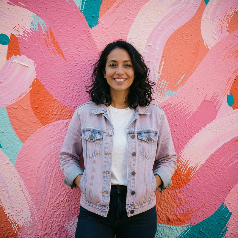 Smiling woman in a denim jacket by a colorful street mural, dating site profile preview
