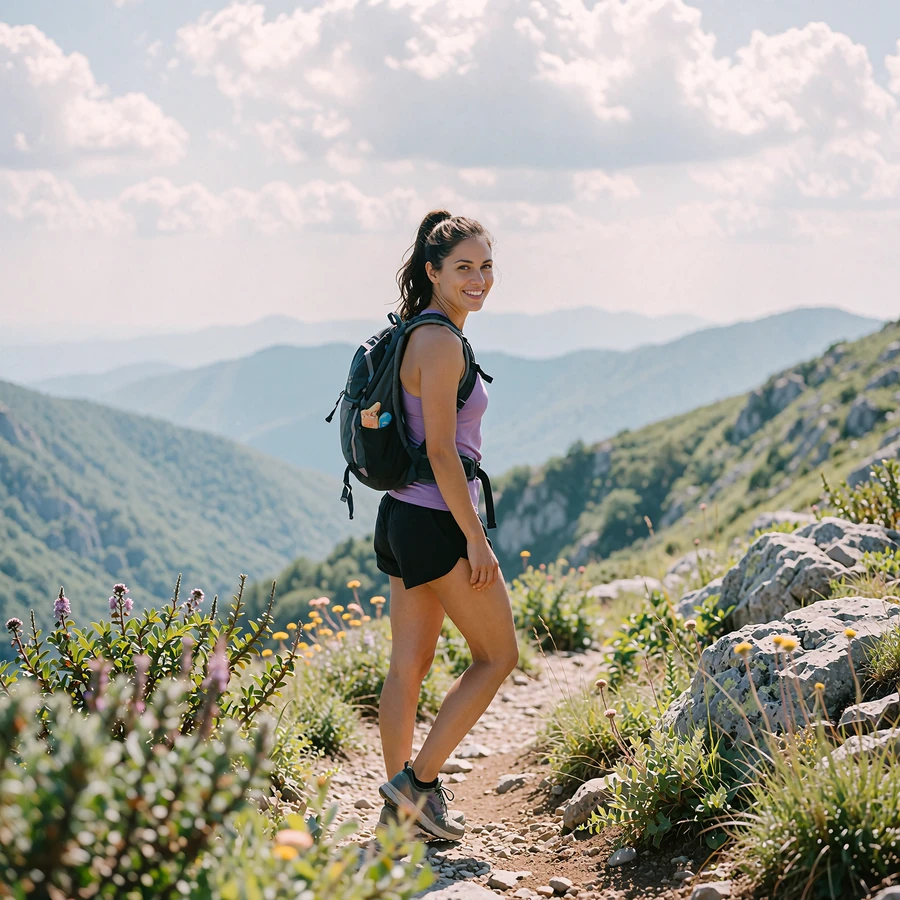 Woman hiking a mountain trail with a backpack, local singles profile card on Ihappydate