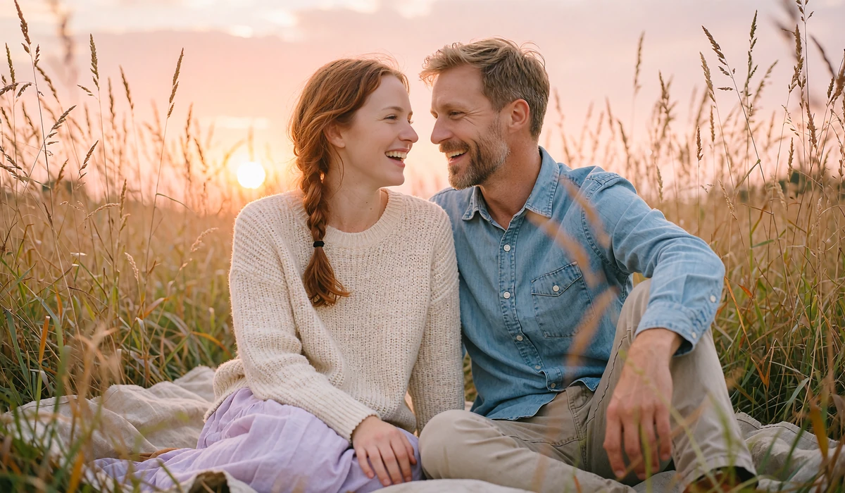 Couple sharing a laugh on a picnic blanket in a golden meadow, a romantic first date idea