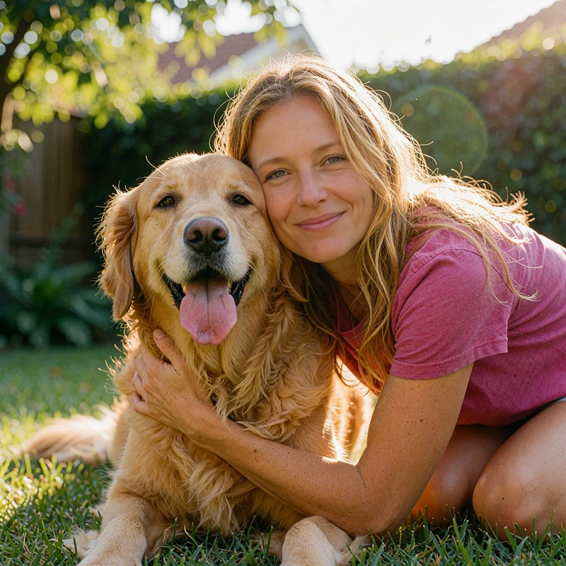 Woman hugging her golden retriever on a backyard lawn, dog-loving single dating profile card