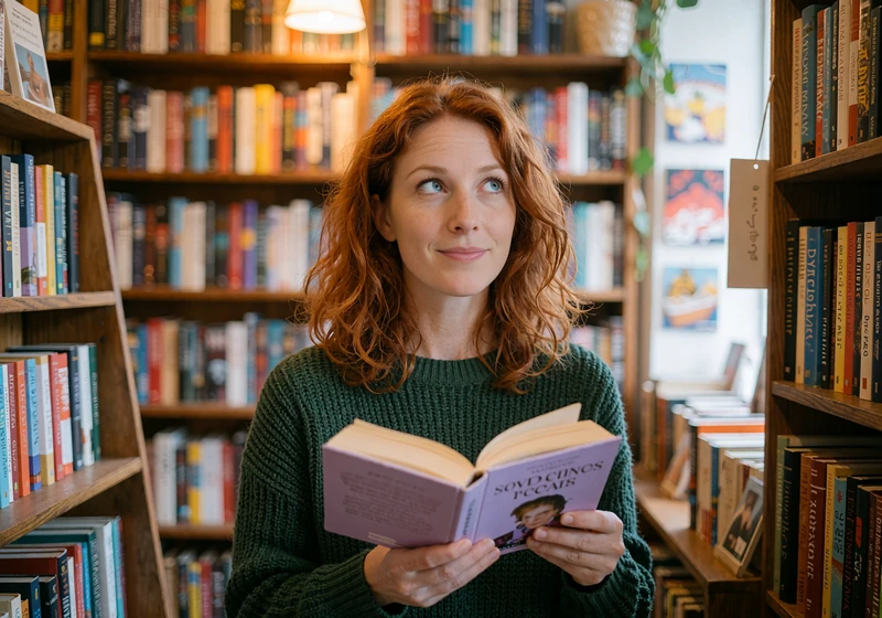 Red-haired woman smiling over a book in a cozy bookstore, nearby singles profile preview